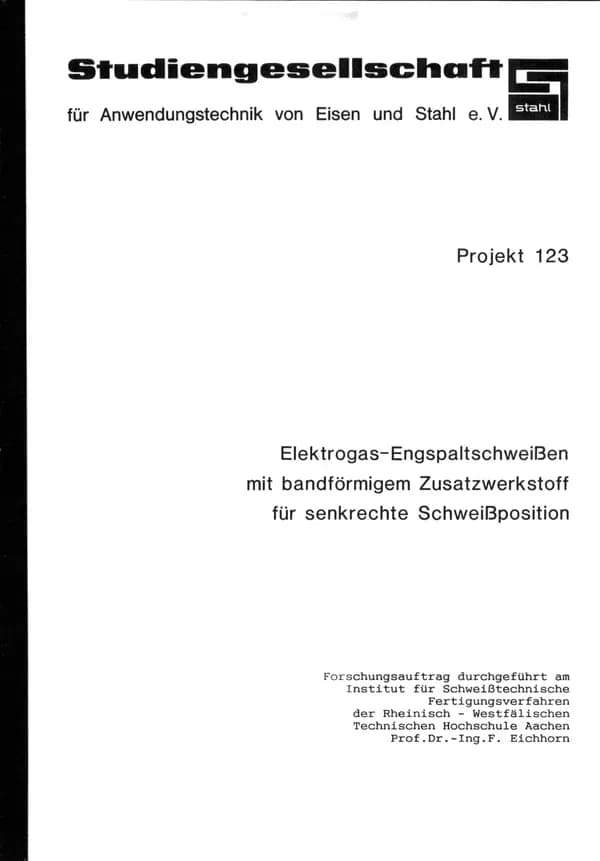 P 123 - Elektrogas-Engspaltschweißen mit bandförmigem Zusatzwerkstoff für senkrechte Schweißpositionen