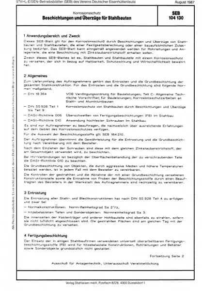 SEB 104 130: Beschichtungen und Überzüge für Stahlbauten
