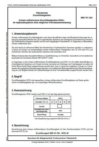 SEB 181 224: Schwer entflammbare Druckflüssigkeiten HFDU - für Hydrauliksysteme ohne möglicher Fremdwasserbelastung
