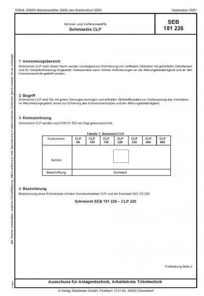 SEB 181 226: Lubricants and process fluids - Lubricating oils CLP