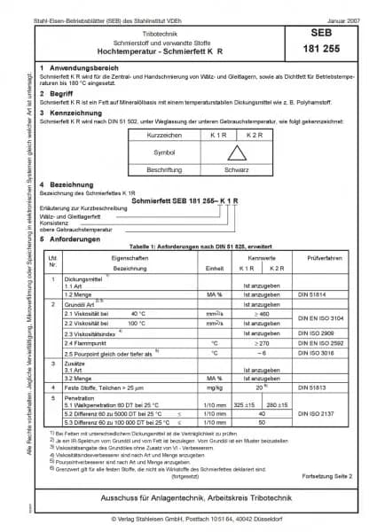 SEB 181 255: Schmierstoff und verwandte Stoffe - Hochtemperatur - Schmierfett K R