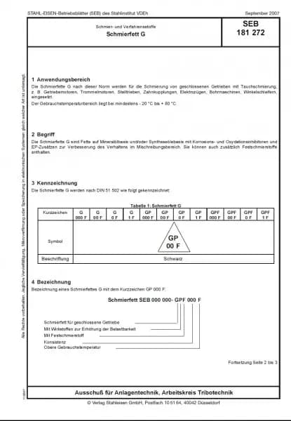 SEB 181 272: Schmierstoffe und verwandte Stoffe Schmierfett G