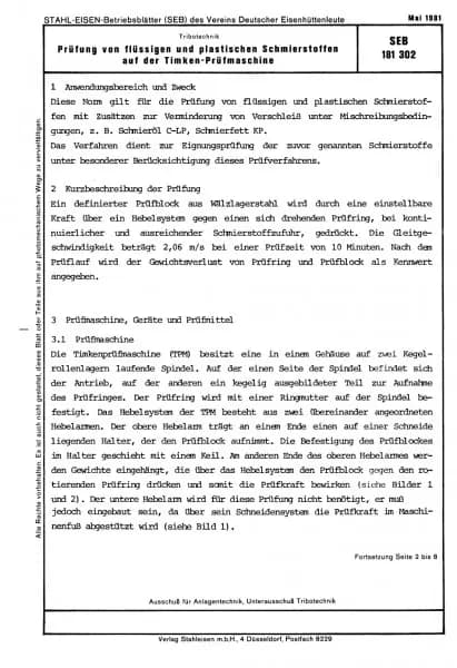SEB 181 302: Prüfung von flüssigen und plastischen Schmierstoffen auf der Timken-Prüfmaschine
