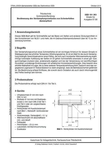 SEB 181 303: Schmierstoffprüfung - Bestimmung des Verdampfungsverlustes von Schmierfetten; Abdampftest