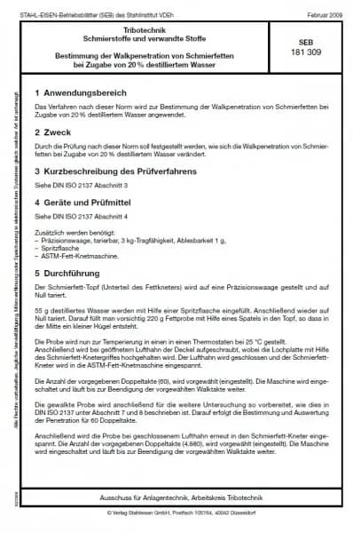 SEB 181 309: Schmierstoffe und verwandte Stoffe - Bestimmung der Walkpenetration von Schmierfetten bei Zugabe von 20 % destilliertem Wasser