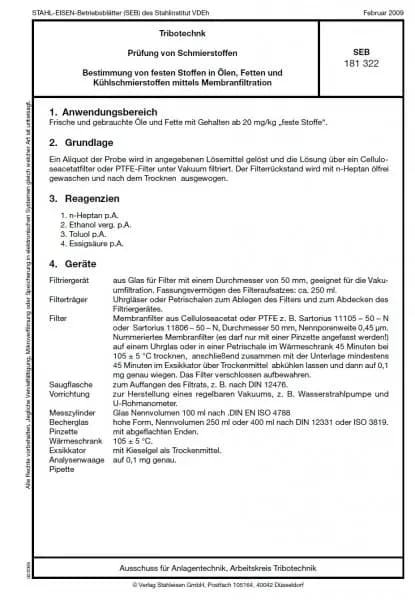 SEB 181 322: Prüfung von Schmierstoffen - Bestimmung von festen Stoffen in Ölen, Fetten und Kühlschmierstoffen mittels Membranfiltration
