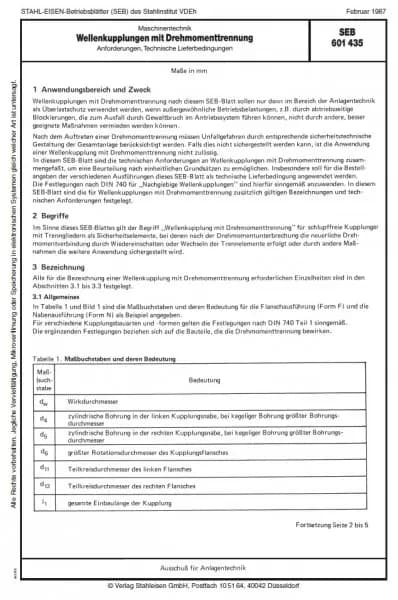 SEB 601 435: Wellenkupplungen mit Drehmomenttrennung - Anforderungen, Technische Lieferbedingungen