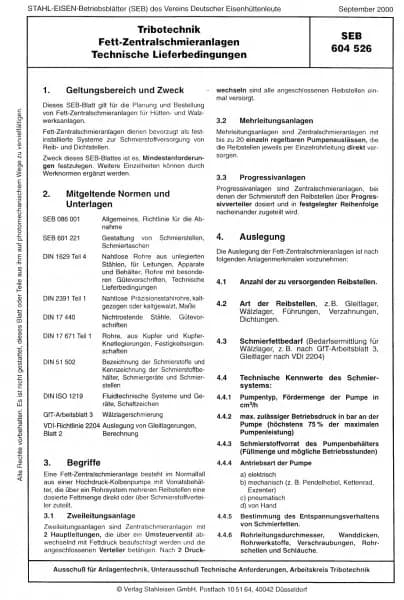 SEB 604 526: Fett-Zentralschmieranlagen Technische Lieferbedingungen