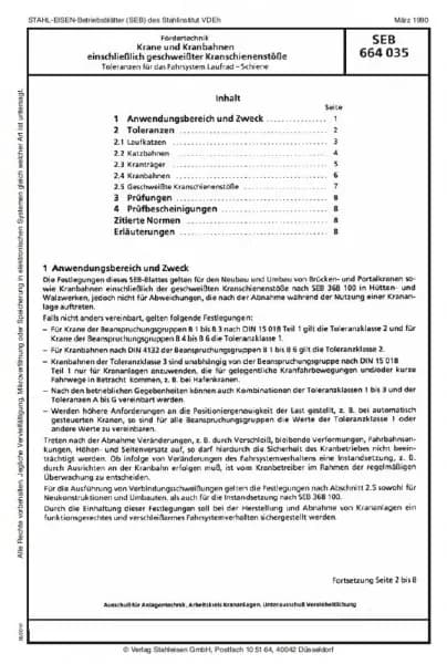 SEB 664 035: Krane und Kranbahnen einschließlich geschweißter Kranschienenstöße - Toleranzen für das Fahrsystem Laufrad -Schiene (SEB_664 035)