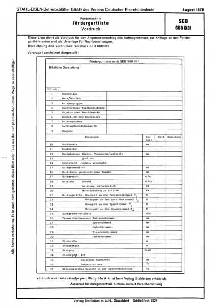 SEB 668 031: Fördergurtliste - Vordruck