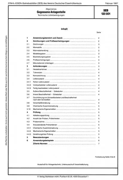 SEB 120 801: Cast plant components - Technical delivery conditions
