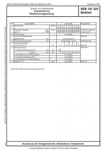 SEB 181 225: Schmier- und Verfahrensstoffe - Schmieröle CL Wiederholungsprüfung (Beiblatt)