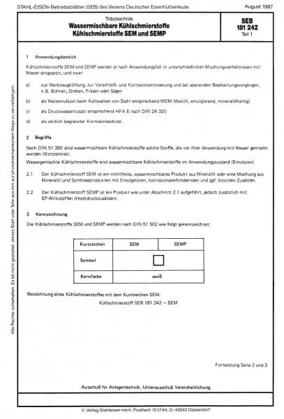 SEB 181 242: Wassermischbare Kühlschmierstoffe - Kühlschmierstoffe SEM und SEMP (Teil 1)