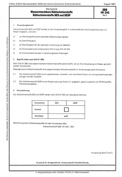 SEB 181 242: Wassermischbare Kühlschmierstoffe - Kühlschmierstoffe SES und SESP (Teil 2)
