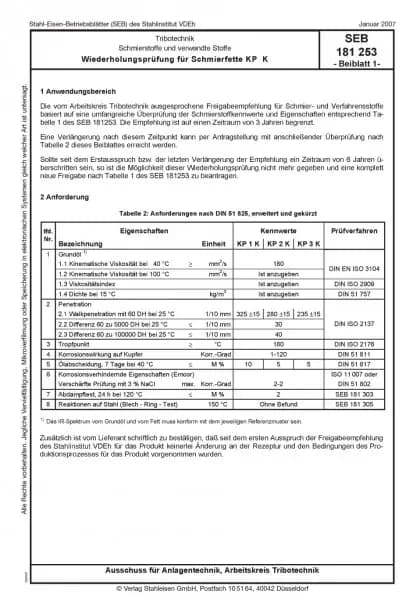 SEB 181 253: Schmierstoffe und verwandte Stoffe - Wiederholungsprüfung für Schmierfette KP K (Beiblatt)