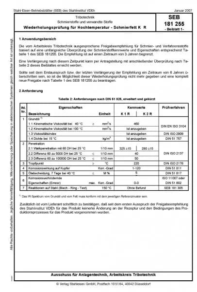 SEB 181 255: Schmierstoffe und verwandte Stoffe - Wiederholungsprüfung für Hochtemperatur - Schmierfett K R (Beiblatt)