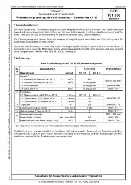 SEB 181 256: Schmierstoffe und verwandte Stoffe - Wiederholungsprüfung für Hochtemperatur - Schmierfett KP R (Beiblatt)