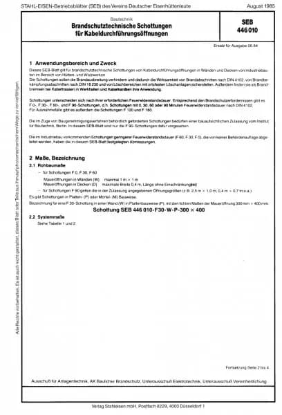 SEB 446 010: Brandschutztechnische Schottungen für Kabeldurchführungsöffnungen
