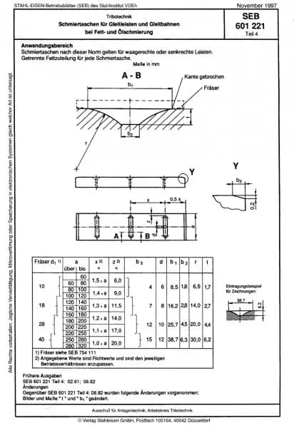 SEB 601 221: Lubrication pockets for sliding strips and slideways with grease and oil lubrication (Part 4)