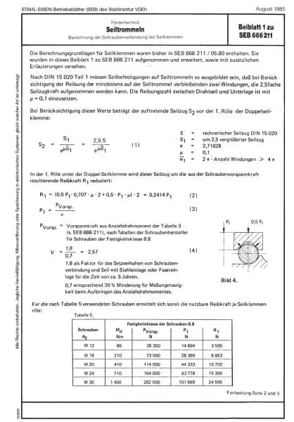 SEB 666 211: Seiltrommeln - Berechnung der Schraubenverbindung der Seilklemmen (Beiblatt-1)