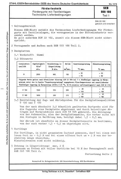 SEB 668 100: Fördergurte mit Textileinlagen - Technische Lieferbedingungen (Teil 1)