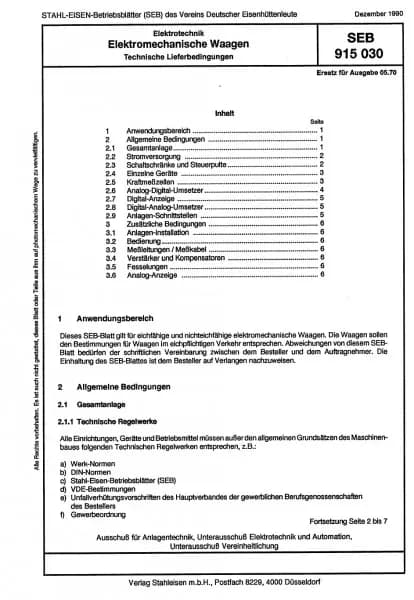 SEB 915 030: Elektromechanische Waagen - Technische Lieferbedingungen